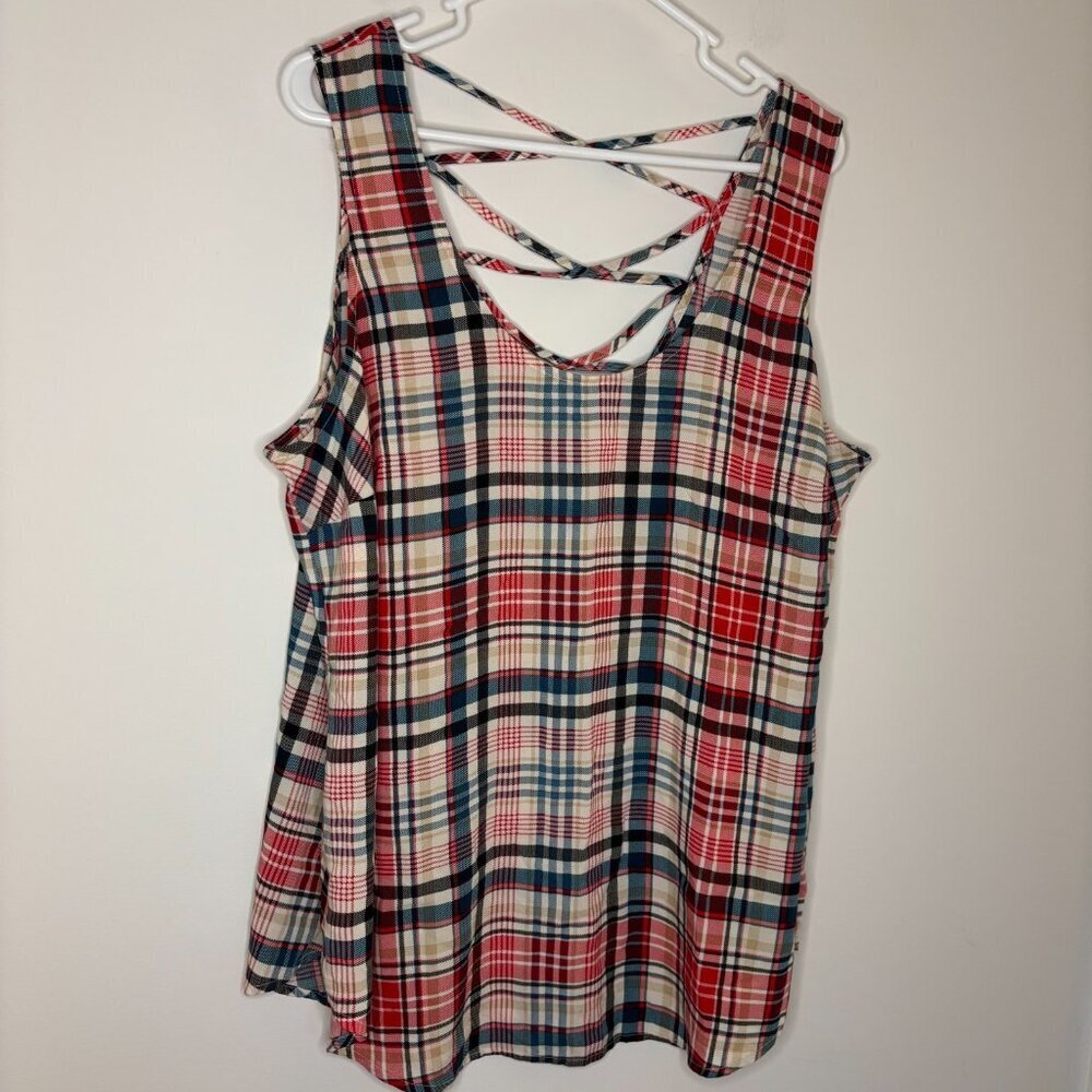 TORRID Challis Criss Cross Tank Womens 2X Red Navy Plaid Flowy Stretch